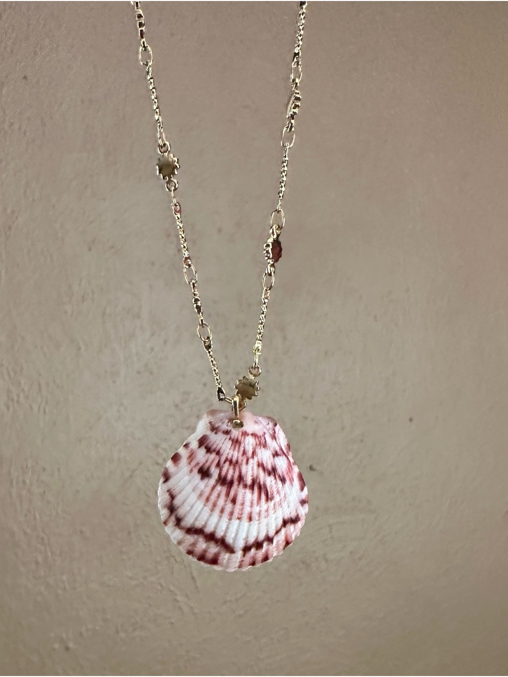 Hand Crafted Gold Tone Necklace with Pink and White Shell Pendant